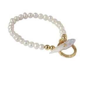 NWT Tory Burch Gold Logo Fresh Water Pearl Toggle Bracelet
